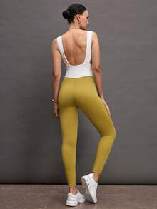 Activina Women's Letter Print Casual Everyday Fitness Yoga Sports Jumpsuit Ralphlauren  Knitted Fabric - Mustard Yellow - View 3