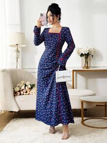 Yasmyna Vestido árabe elegante de manga larga con cuello cuadrado y estampado floral diminuto - Azul Marino - Ver 4