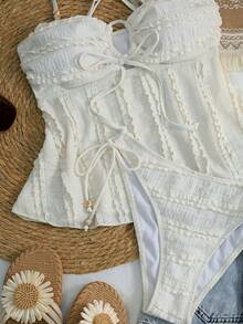 Swim Mod 女士纯色杏色纹理面料串珠装饰吊带背心和比基尼套装，适合夏季海滩度假 - 杏色 - 查看 4