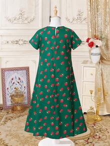 SHEIN Tween Girls' Casual Elegant & Cute Floral Tassel Decor Dress - Green - View 2