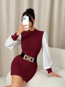 SHEIN PETITE Đầm tay phồng cổ đứng có gân - Màu Đỏ Sâu - Xem 8