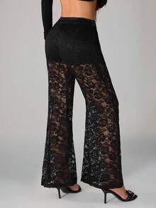SHEIN PETITE Women's High Waist Floral Lace Elegant Fashion Flare Pants - Black - View 2