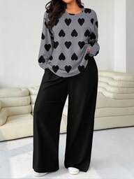 SHEIN EZwear 2pcs/Set Plus Size Women Heart Print Loose Fit Round Neck T-Shirt And Straight Leg Pants Carnival