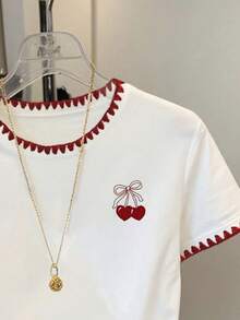 Resyla Camiseta casual de mujer con ribete de contraste, lazo y estampado de corazón, para verano - Blanco - Ver 3