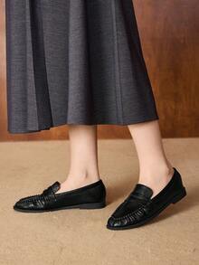 MOTF ZAPATOS DE MUJER MOCASINES DE CUERO PU CON VOLANTES - Negro - Ver 6