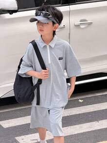2pcs/Set Tween Boys Loose Casual Polo Collar Solid Color Short Sleeve Polo Shirt And Shorts Summer Outfit