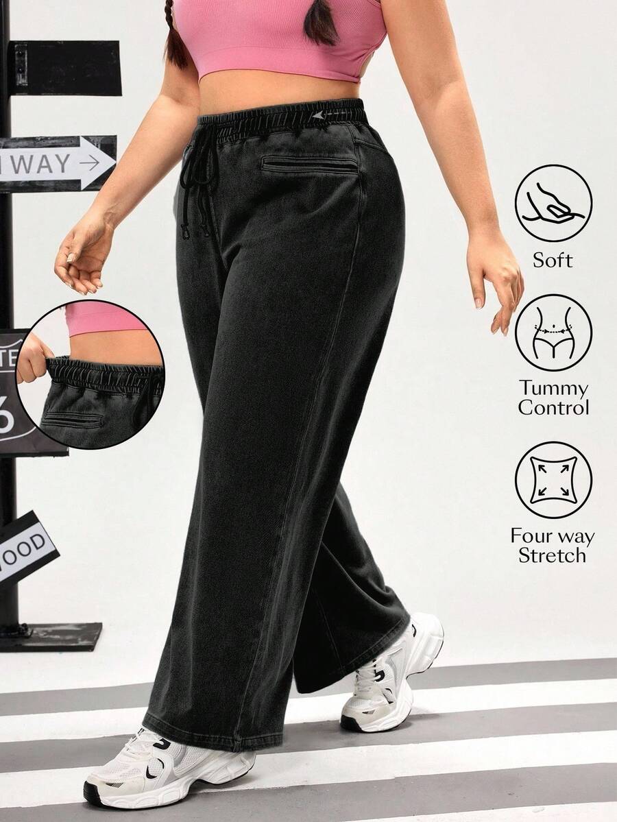 Flexra Plus Size Women Drawstring Waist Wide Leg Loose Casual Jeans - Black - View 1