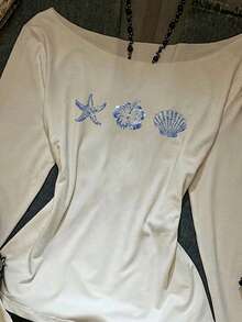 SHEIN EZwear Casual Vacation Style Spring/Summer New Hibiscus, Starfish, Shell Print Scoop Neck Oblique Shoulder Ruffle Hem Long Sleeve Sexy Asymmetric-Shoulder Pullover T-Shirt For Women, Suitable For Spring/Summer Beach, Island, Swimwear Outerwear Carnival - Multicolor - View 4