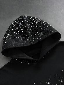 PAVTROS 男士水钻装饰连帽衫，休闲百搭，适合通勤和日常穿着，长袖 - 黑色 - 查看 4