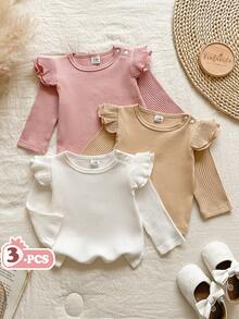 Vintaside Kids Conjunto de varias piezas con cuello redondo y manga larga para recién nacidos en primavera y otoño, con dobladillo con volantes, parte superior simple y casual adecuada para el hogar, el ocio, las salidas de compras y el uso diario - Multicolor - Ver 3