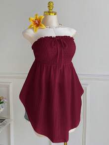 Comfortcana 加大码黑色蕾丝镂空提花前系带荷叶边不对称下摆吊带背心，春夏款 - 酒紅色 - 查看 6