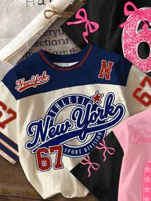 3件套少女休闲简约个性酷炫数字67、六和七，蝴蝶结装饰，时尚运动衫风格，学院风，圆领短袖基础款T恤，适合春夏穿着，姐妹装，适合度假、派对和日常穿着 - 彩色 - 查看 4