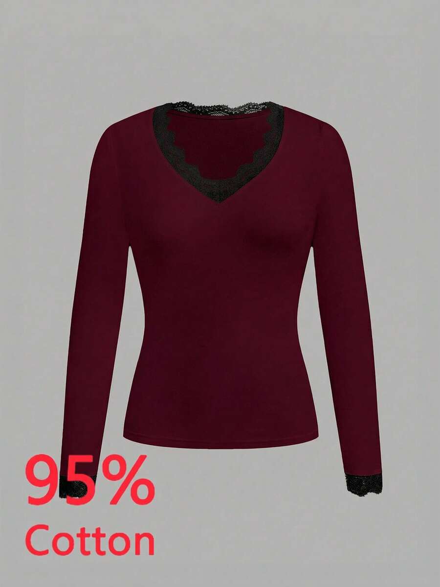 Tseoso Casual Deep V-Neck Lace Trim Fitted Long Sleeve T-Shirt, Suitable For Autumn/Winter Red - Burgundy - View 1