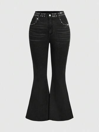 Grunge Punk Jeans acampanados de talla grande con diseño de cintura con remaches de estilo punk y versátil