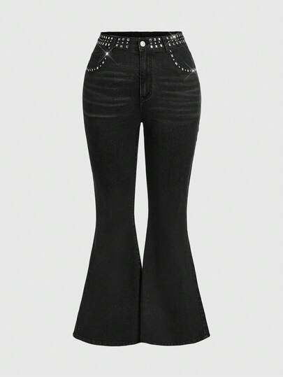 Grunge Punk Große Größen Punk Nieten Taille Design vielseitige Große Größen Schlagjeans