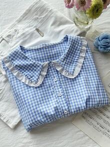 Comfortcana Plus Size Casual Vacation Plaid Lace Single-Breasted Ruffle Collar Lantern Sleeve Shirt, Spring/Summer Peter Pan Collar Blouse Gingham Cute Blouses Cottagecore Clothes - Blue and White - View 6