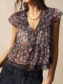 Bohemela Boho Casual Floral Print Ruffle Trim V-Neck Blouse For Women Bohemian
