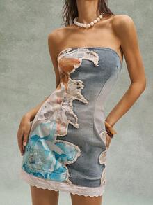 Bohemela Đầm mini quây ngực thời trang dành cho nữ, họa tiết hoa và tua rua. - Rửa nhẹ - Xem 1