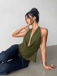 Aloruh Top corto con decoración de cuentas, con cuello halter y espalda descubierta, de moda y sexy, para el verano - Verde militar - Ver 4