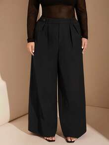 SHEIN BAE Pantaloni larghi asimmetrici in vita di colore marrone cioccolato, eleganti per feste, uscite serali e casual, adatti per donne curvy e taglie forti. Pantaloni da lavoro di classe per donne taglie forti, ideali per l'autunno. - nero - Visualizzare 5