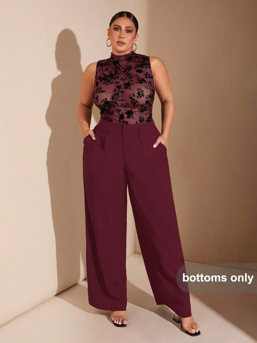 SHEIN BAE 大码女装秋冬时尚大码女装优雅约会女士纯色简约休闲日常长裤黑色西裤女裤教师裤商务女装秋季女装双层腰带设计阔腿 - 酒紅色 - 查看 1