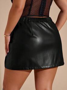 SHEIN BAE 大码女式酒红色PU皮革迷你裙，初秋 - 黑色 - 查看 2