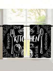2pcs Piece Pastoral Theme, Kitchen Cutlery Food Cooking Print Curtains, Curtain Curtain Rod Pocket Pastoral Kitchen Curtains, Cafe Curtains Living Room Office Bedroom Home Decorative Curtains - Black - View 2