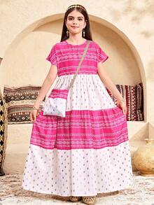 SHEIN Tween Girl Retro Print Color Block Round Neck Short Sleeve A-Line Midi Dress - Hot Pink - View 3