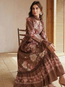 Anewsta 新款优雅复古印花喇叭袖收腰连衣裙，女款 - 棕色 - 查看 7