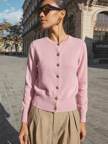 Maija Women's Loose Knit Cardigan With Metal Button Decor, Casual Commuter Business Wear, Basic Top For Office, Party, Dating, Summer - Pink - View 3