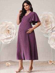 SHEIN 孕妇纯色V领荷叶边短袖纽扣设计优雅连衣裙 - 紫色 - 查看 6