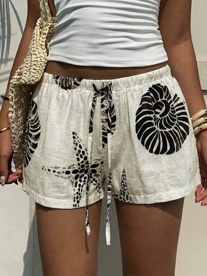 Aloruh Shorts Casuais Femininos de Cintura Baixa com Estampa de Oceano, Amarração na Cintura, Soltos e de Perna Reta e Larga para Praia