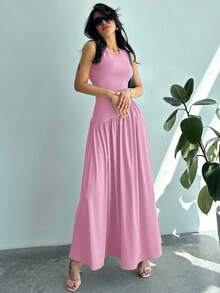 Firerie Women's Solid Color Round Neck Pleated Simple Elegant Date Party Dress,Pink Dress - Pink - View 6
