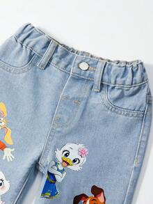 SHEIN Quần jean ống đứng dáng rộng màu xanh nhạt họa tiết động vật dễ thương dành cho bé gái mới biết đi, phù hợp mặc hàng ngày và mùa tựu trường - Rửa nhẹ - Xem 5