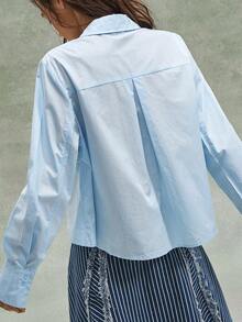 Bohemela 女士休闲纯色梭织长袖衬衫 - 藍色 - 查看 6