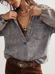Bohemela Plus Size Casual Medium Wash Denim Top With Random Print And Drop Shoulder Long Sleeves - Medium Wash - View 2