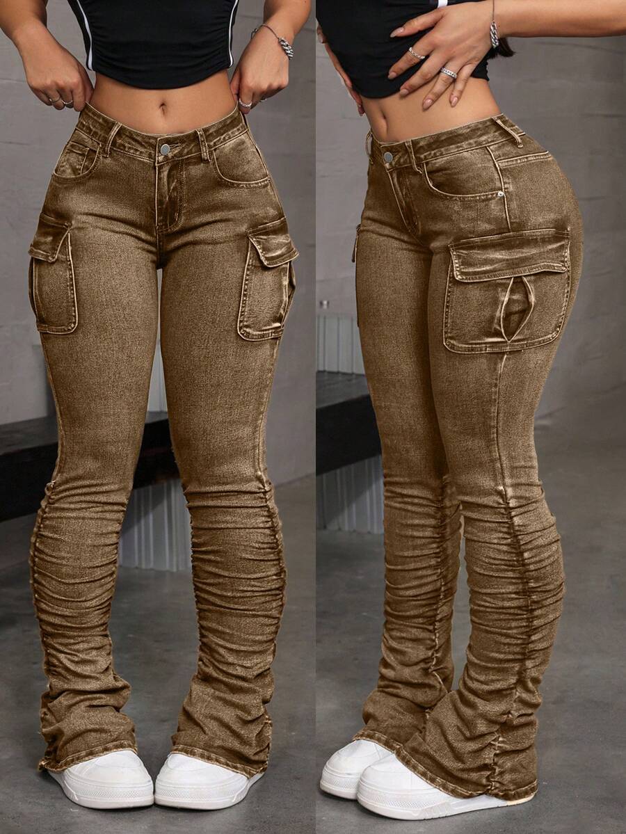 SHEIN ICON Women's Casual Washed Ruched Slim Fit Low Waist Cargo Jeans - Brown - View 1