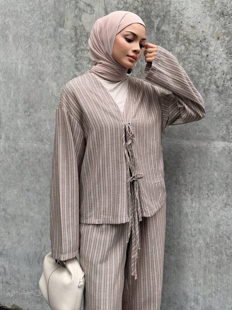 2pcs Women Solid Color Minimalist Long Sleeve Top And Pants Set, Casual Everyday Wear