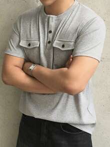 DAZY Men's Summer Pocket Design Round Neck Half-Placket T-Shirt - Grey - View 1