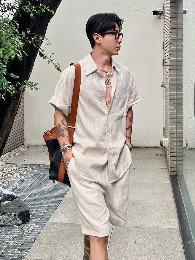 Men's Solid Color Beige Short Sleeve Shirt And Shorts Set, Summer