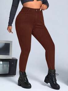 SHEIN ICON Plus Size Solid Color Slim Fit Casual Jeans With Pockets - Red - View 3