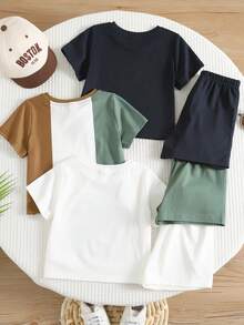 SHEIN 6件套男婴可爱休闲卡通印花短袖T恤和松紧腰短裤套装，基础款多件套，夏季 - 彩色 - 查看 2