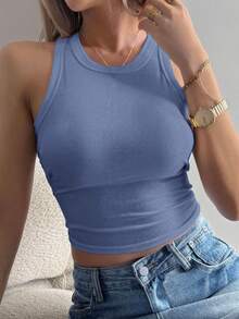 DAZY Áo croptop không tay nữ kiểu dáng thường ngày, màu trơn, ôm sát, phù hợp cho đi làm hàng ngày và mùa hè. - Màu xanh bụi bặm - Xem 2