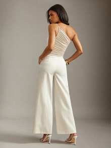 Hauture Women's Basic Casual Office Old Money One Shoulder Side Ruched Knit Jersey Brown Top - Apricot - View 7