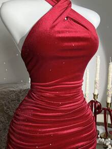 Franclia Women's Halter Bodycon Ruched Side Backless Tie Waist Mini Dress, Suitable For Dates, Chinese New Year, Valentine's Day, Christmas, Daily Wear, Summer, Red Dress, Burgundy, Party - Red - View 6