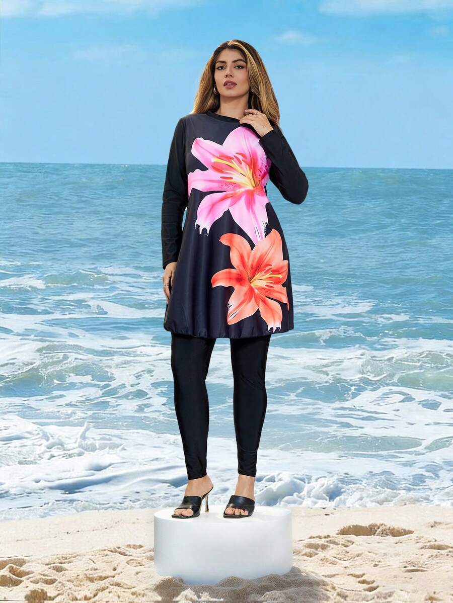 Swim Shayni 大码女式两件套长袖长裤印花布基尼套装 - 黑色 - 查看 1