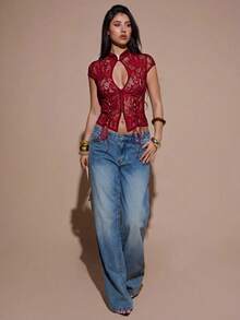 SHEIN BAE 女士纯色短袖蕾丝镂空系带性感修身衬衫，黑色优雅蕾丝上衣 - 酒紅色 - 查看 5