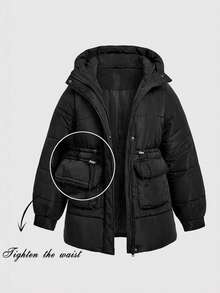 SHEIN MOD 大码女式黑色中长款连帽棉服外套、束腰长款棉服外套、连帽长款冬季夹克、基本款冬季棉服外套 - 黑色 - 查看 3