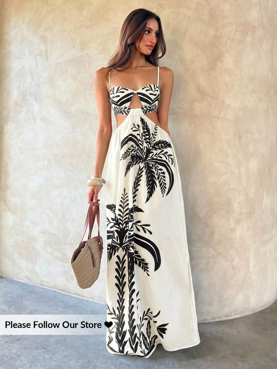 Aloruh Đầm hai dây khoét eo họa tiết nhiệt đới, thích hợp cho kỳ nghỉ thường ngày. - Màu be - Xem 1