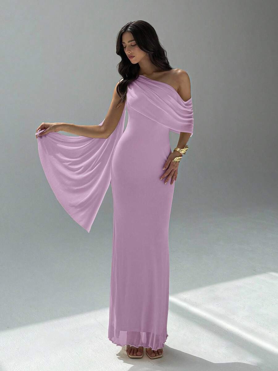 Aloruh 女士优雅不对称肩部连衣裙，适合派对穿着 - 紫丁香色 - 查看 1